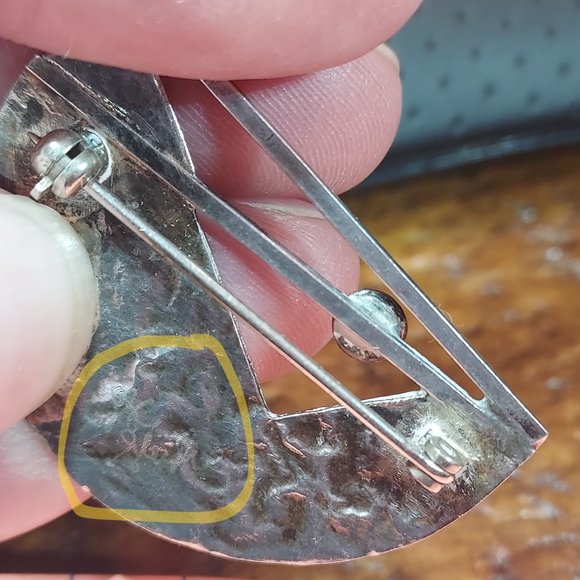 Modernist/Japanese Half Moon Handmade sterling Brooch with Garnet - Picture 12 of 12